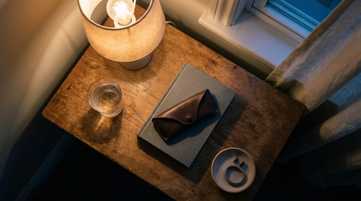 Wood bedside table with a warm lamp, glass of water, a closed grey paperback, leather glasses case, and small dish