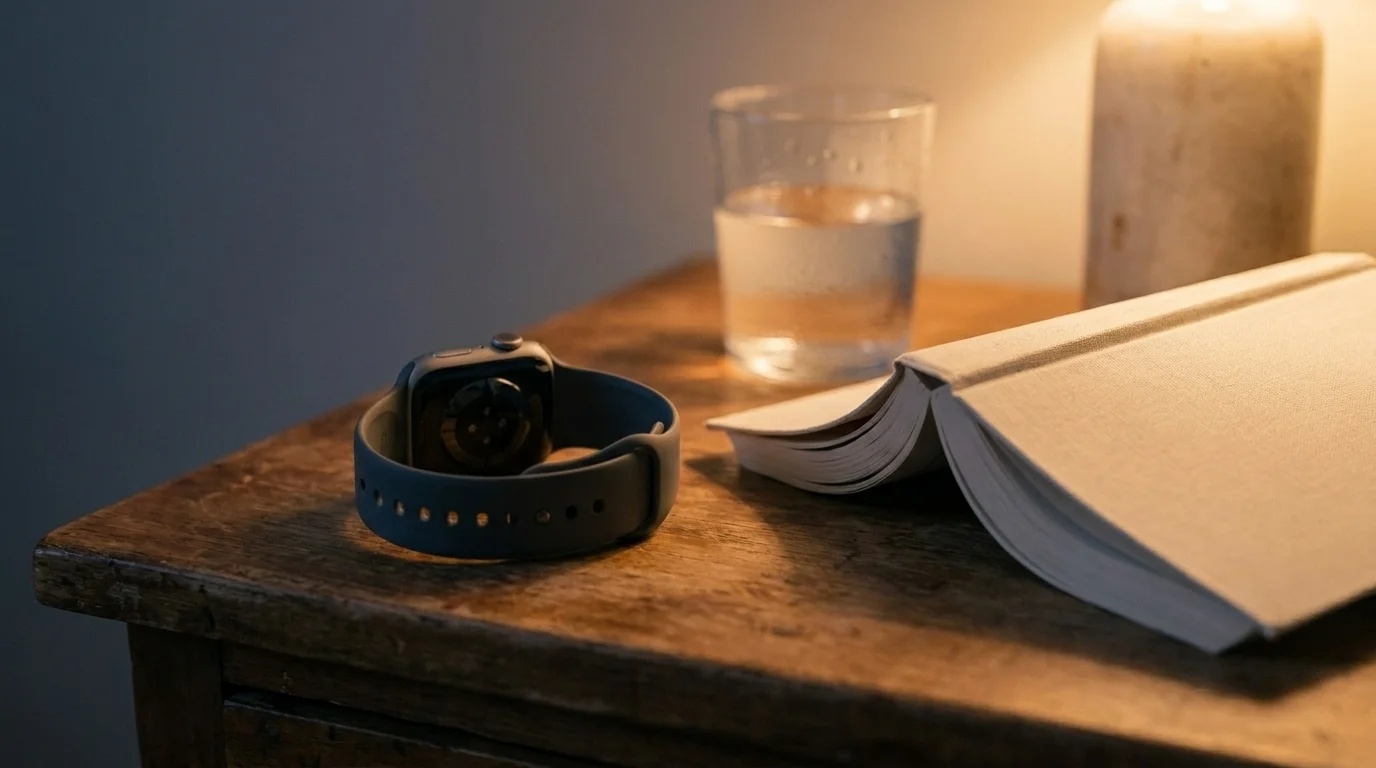 Smartwatch with slate-blue strap face-down on a wood bedside table, paperback face-down and glass of water in lamplight