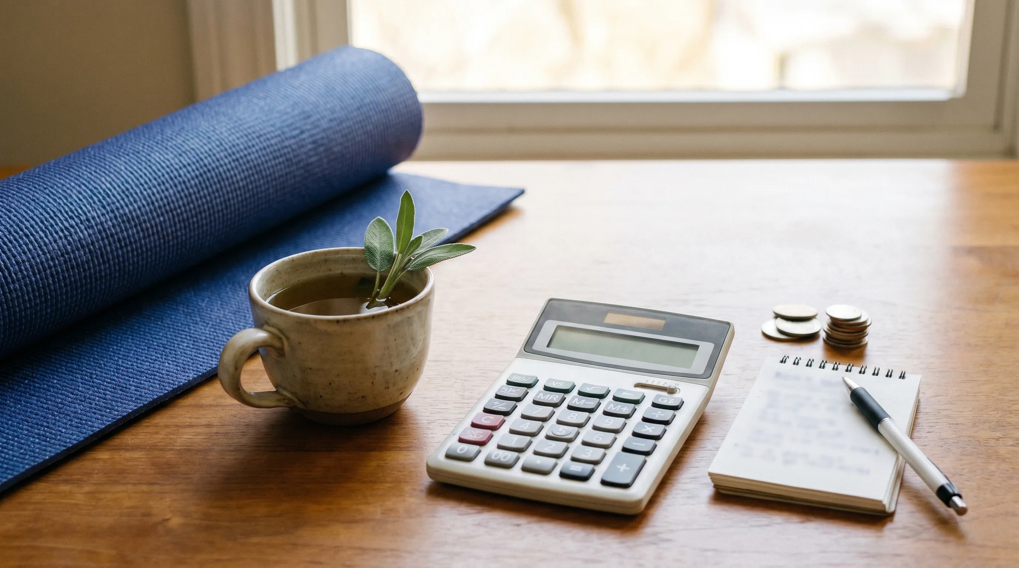 Calculator, coins, and a notebook beside a rolled yoga mat and a cup of herbal tea on a warm table