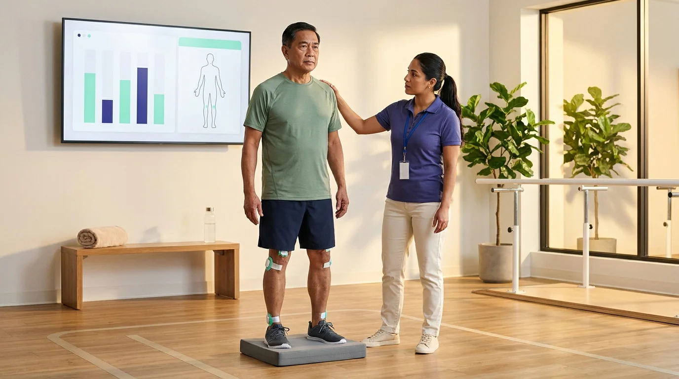 Patient with AI physical therapy sensors performing balance training while clinician watches a real-time gait display
