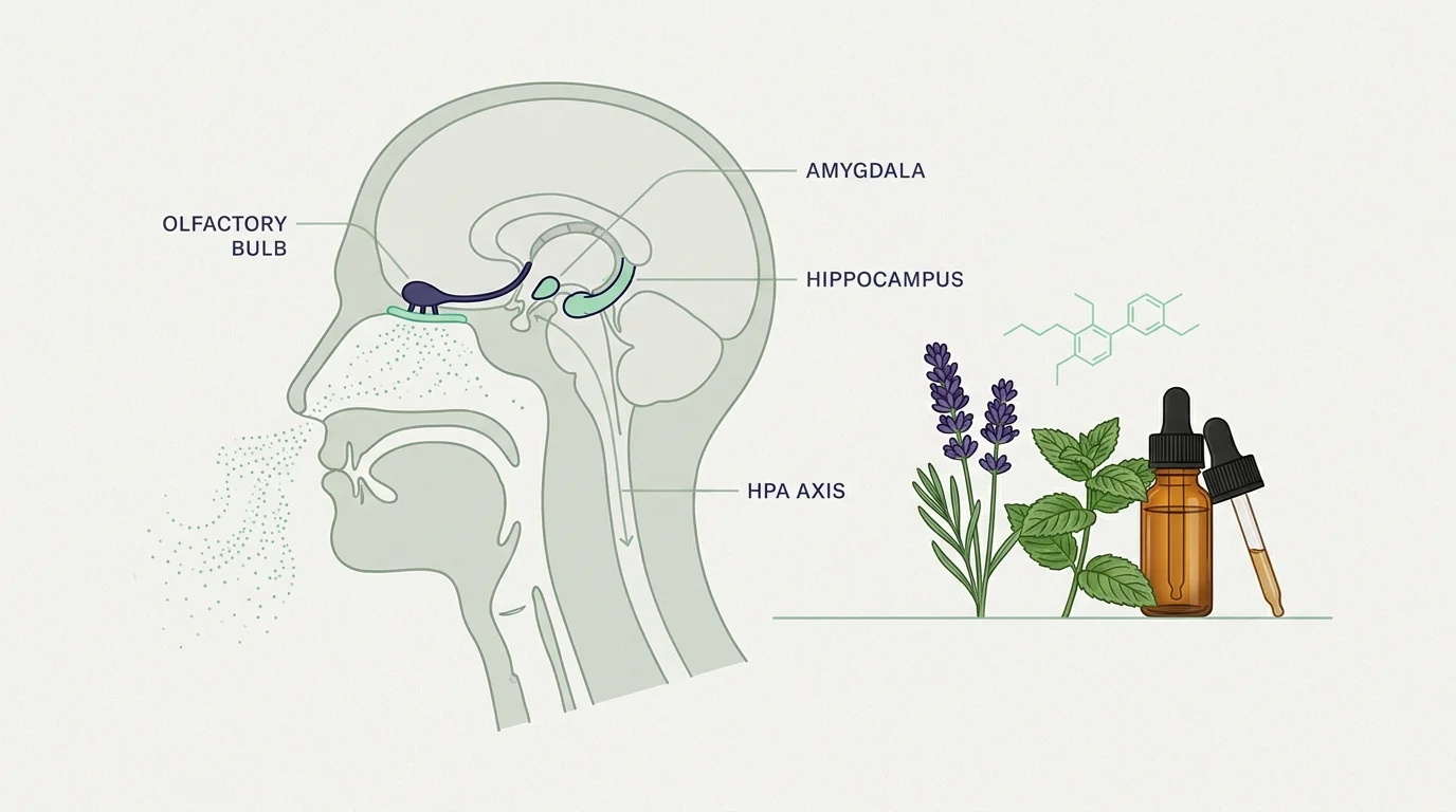 Editorial diagram of the olfactory-to-limbic mechanism behind aromatherapy science, with lavender and amber dropper bottle