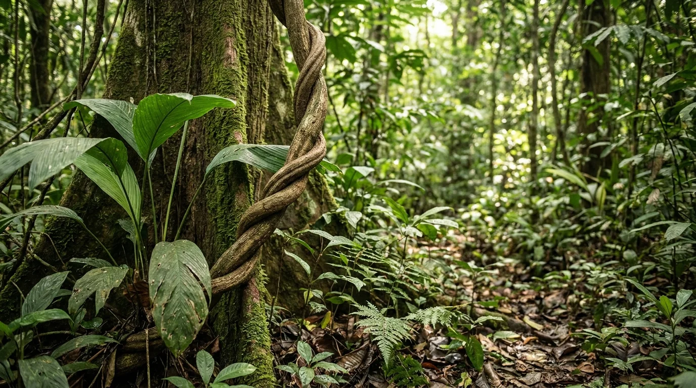 A woody Banisteriopsis caapi vine — the ayahuasca vine — spirals up a mossy trunk in the green Amazon understory