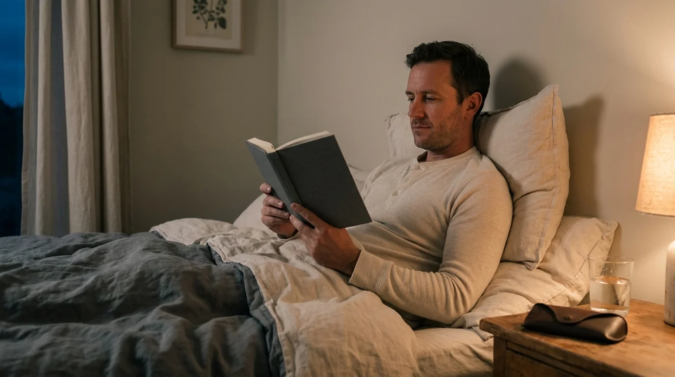 Man reading a paperback in warm lamp light at his bedside as dusk falls — how to fall asleep faster with a calm wind-down