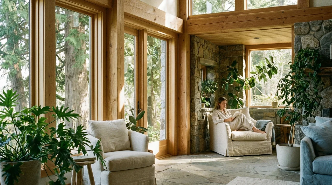 A biophilic design reading nook with a chair by floor-to-ceiling windows framing trees, natural wood and stone, and plants