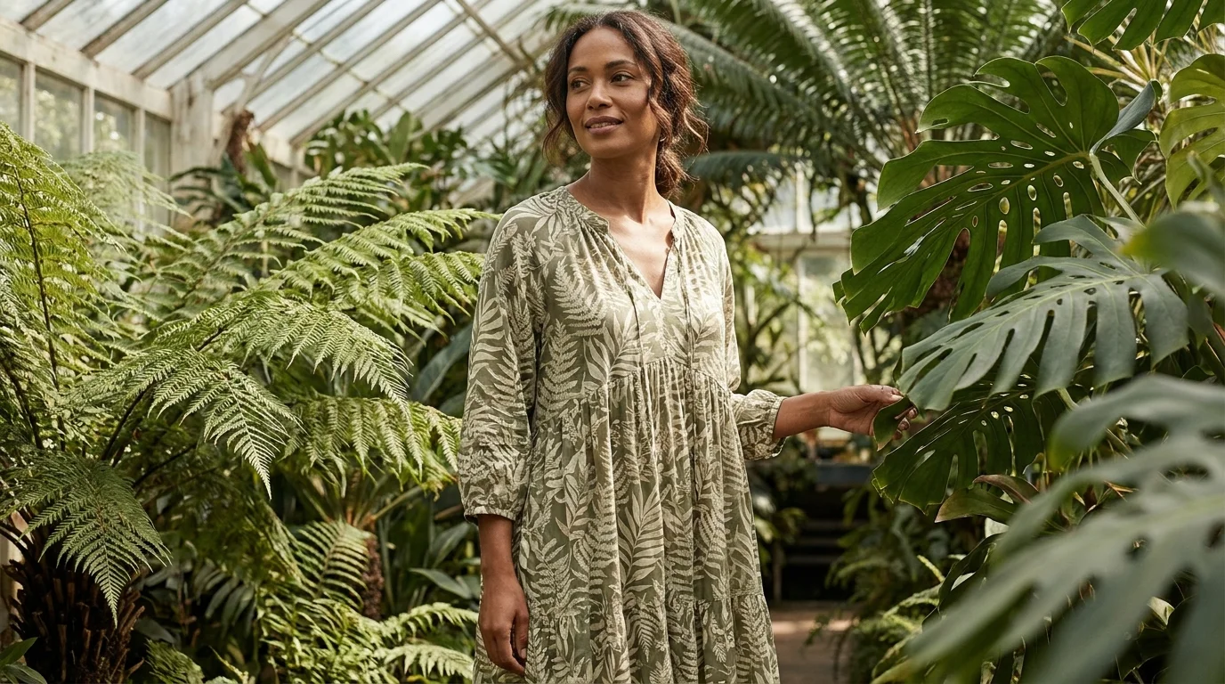 Woman in a nature-inspired botanical leaf-print dress among real ferns in a green conservatory