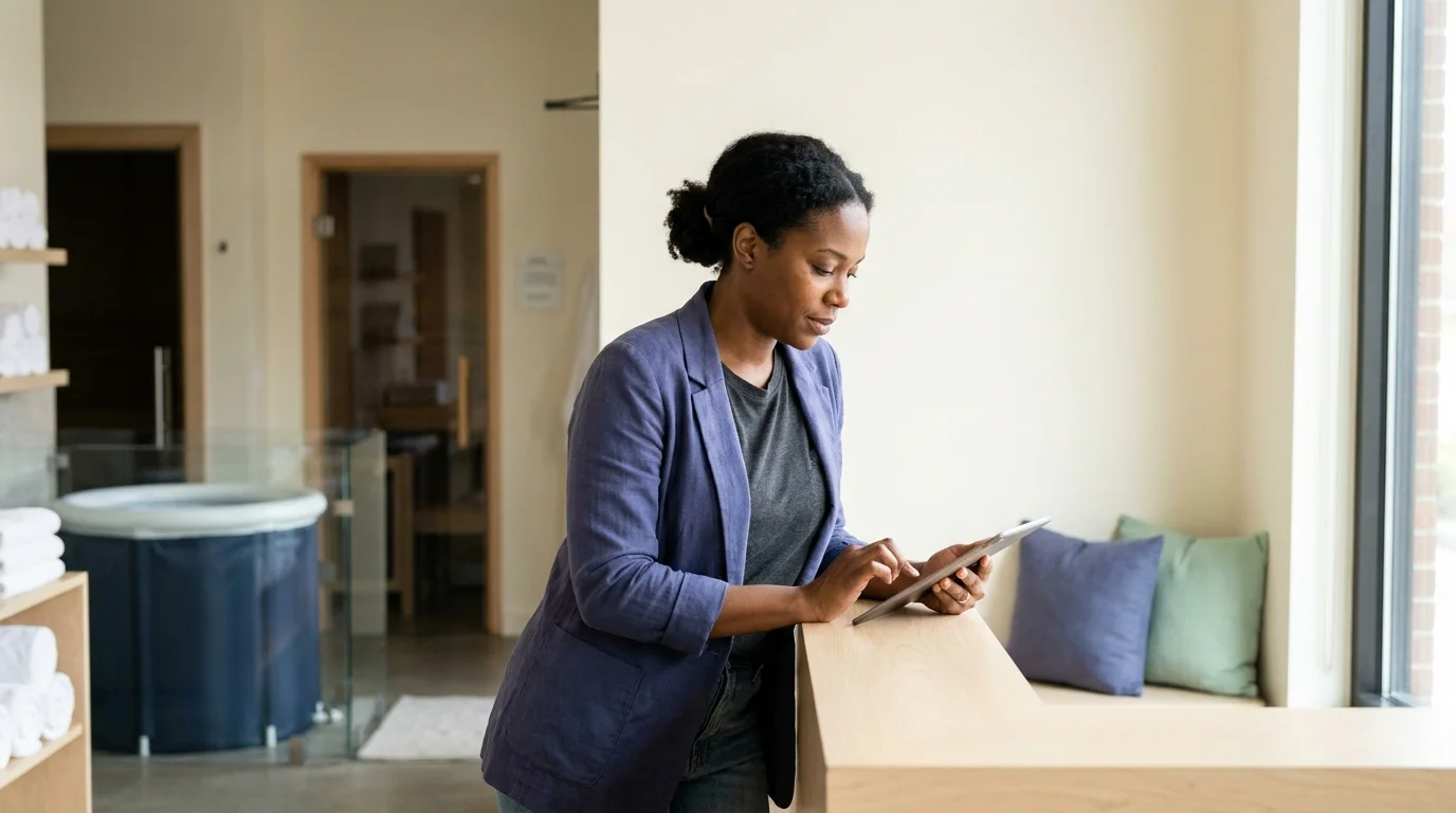 Boutique wellness studio owner checking a tablet at the reception counter, a 2026 wellness business idea in operation