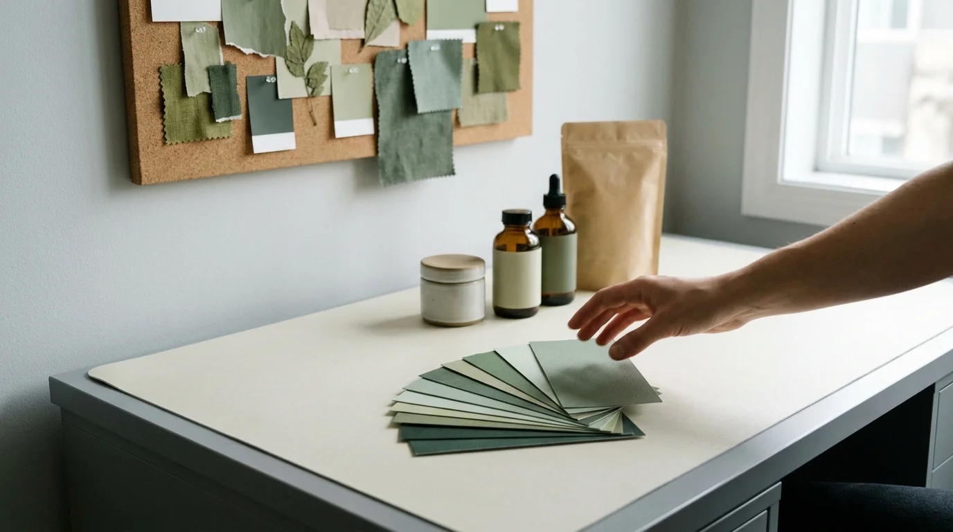 Designer selecting wellness branding colors from green swatch chips at a studio desk