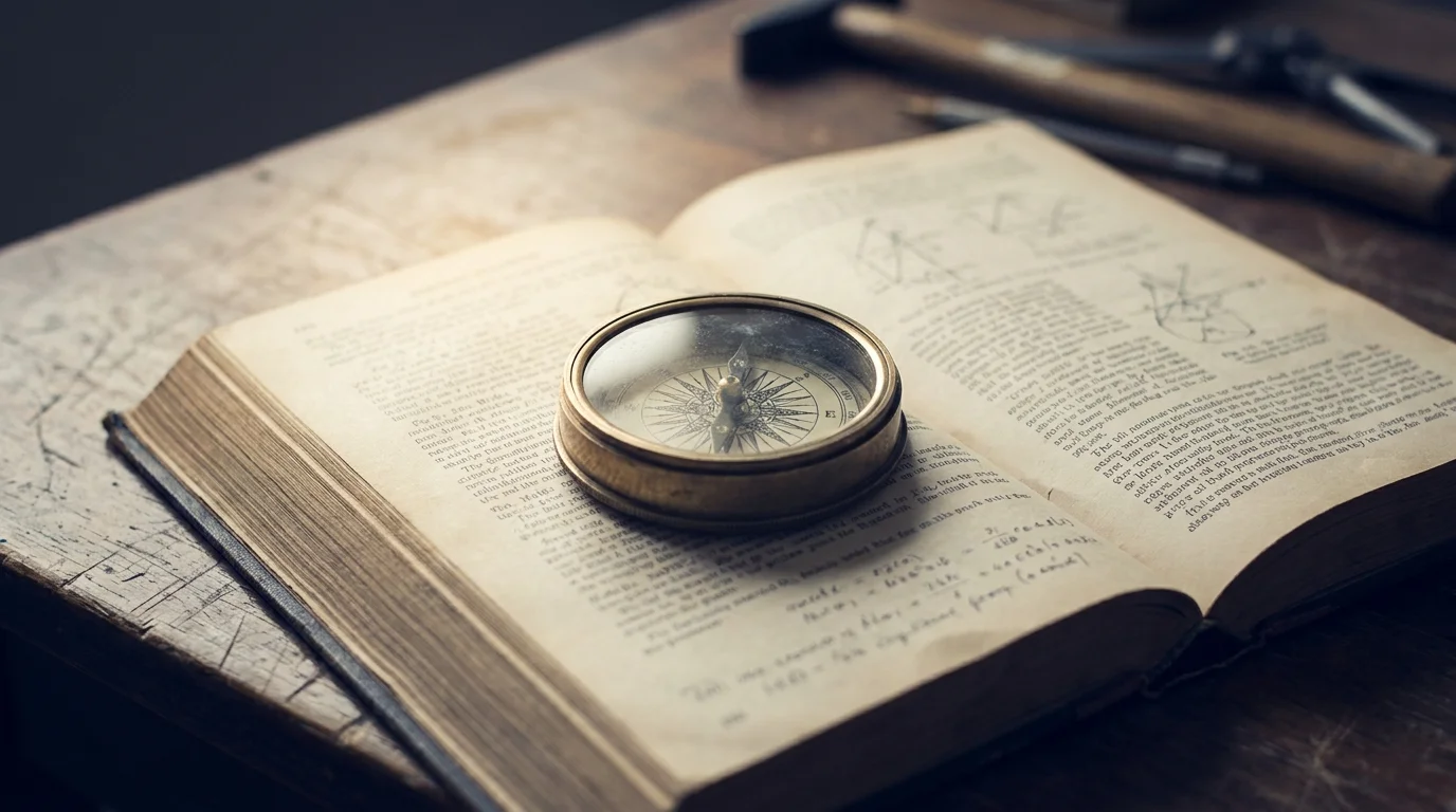 A brass compass resting on an open book on a wooden desk in warm light, an image of the ethics vs morals distinction