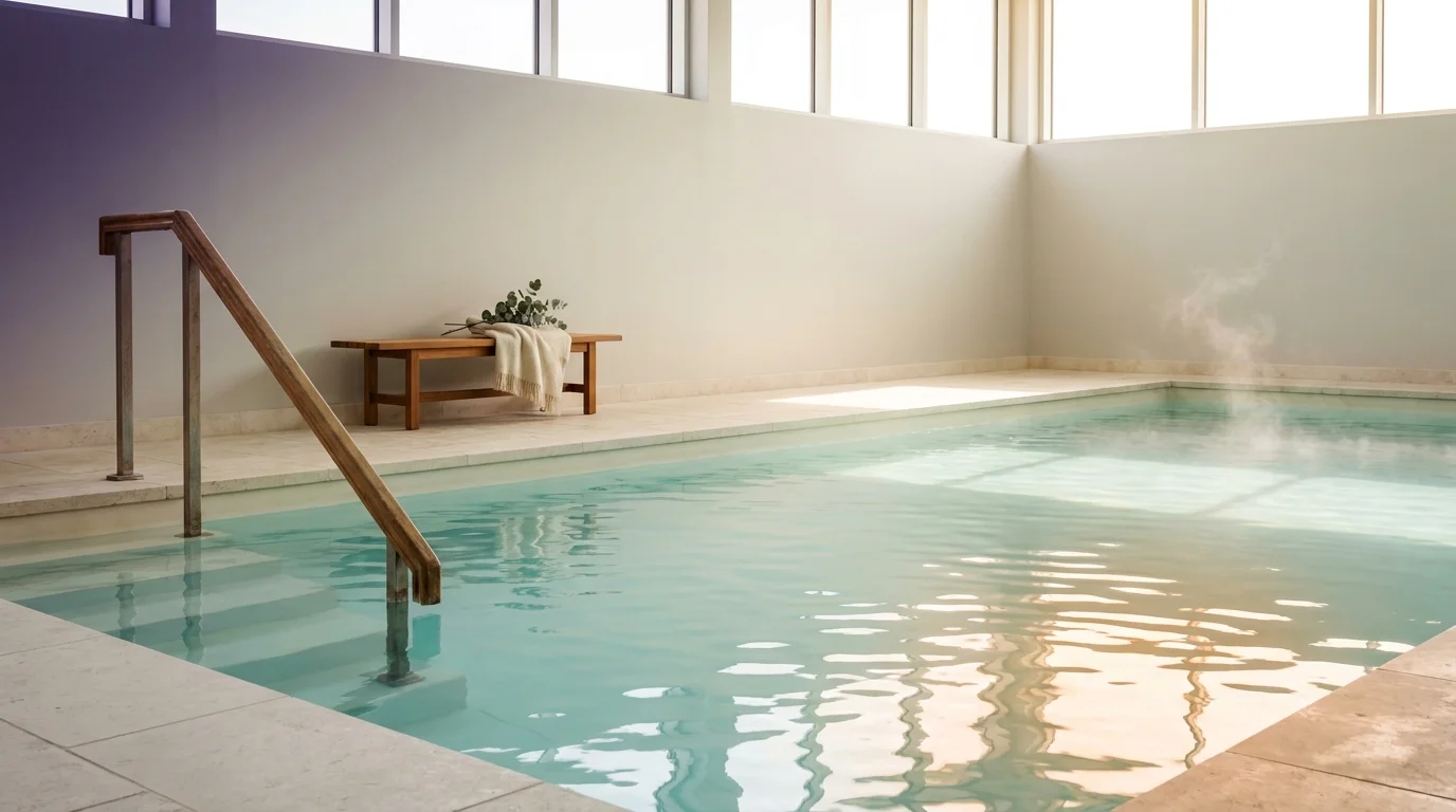 Clinical hydrotherapy pool with a warm-wood handrail and a folded towel on a bench in mid-morning daylight