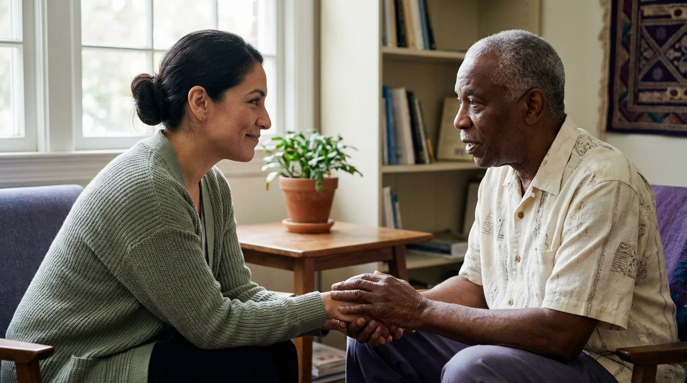Clinician leaning in to listen, a reassuring hand on an older patient's hands during a patient-centered care visit