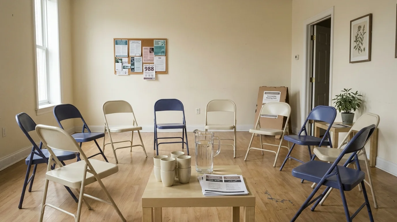 Empty community peer-support meeting room with a circle of chairs and multilingual handouts on what is mental health stigma