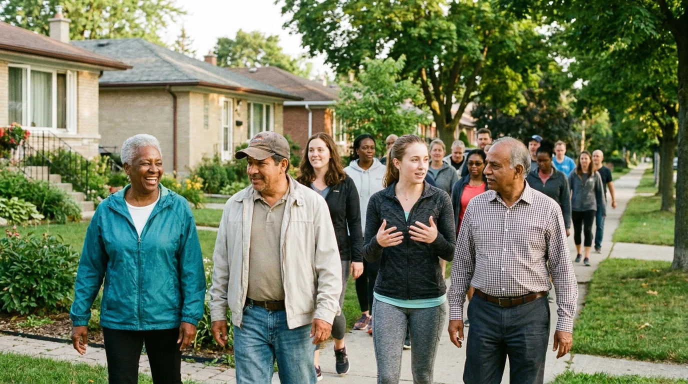 Diverse intergenerational community walking group strolling a tree-lined neighborhood path in warm morning light