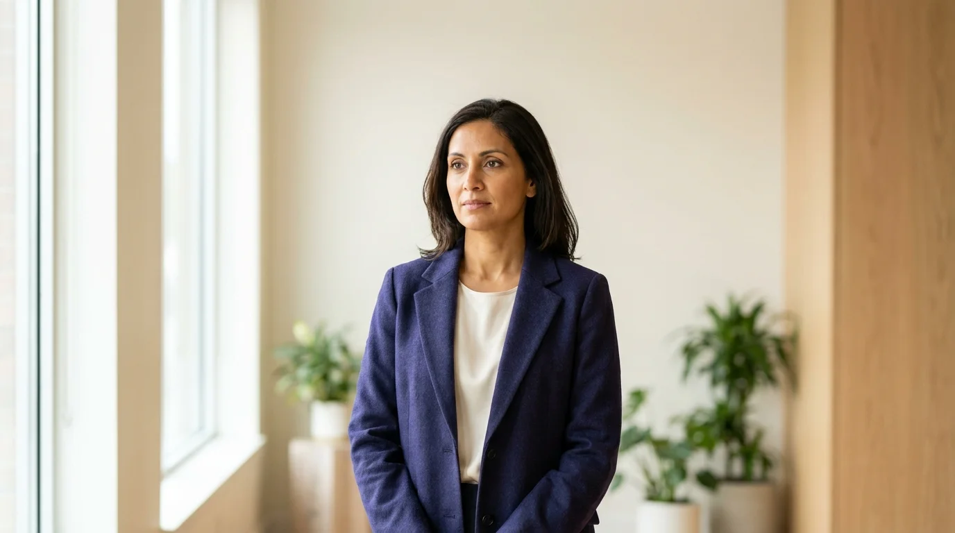 Composed wellness leader standing calm and steady in a bright studio, modeling emotional intelligence in leadership