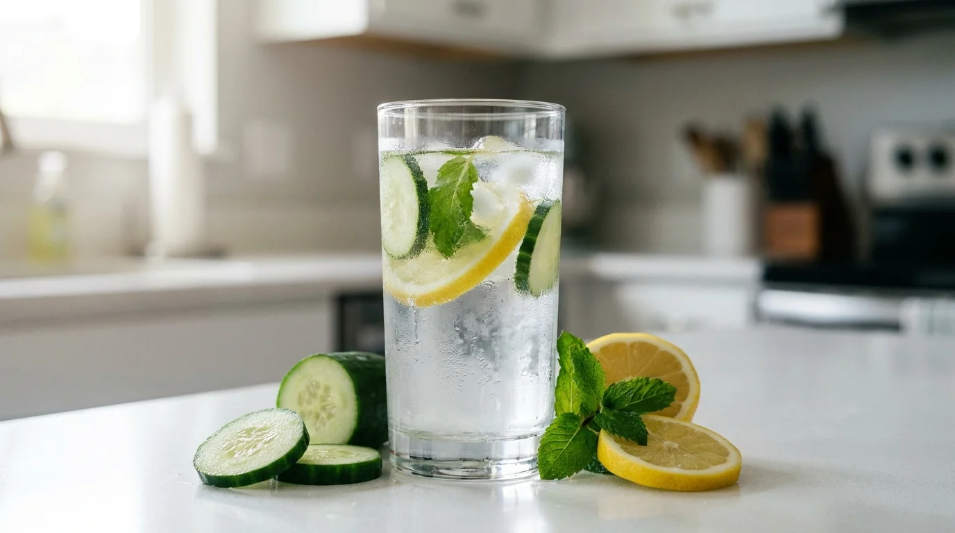 Tall glass of cucumber, lemon and mint infused water on a bright counter, the honest version of detox drinks