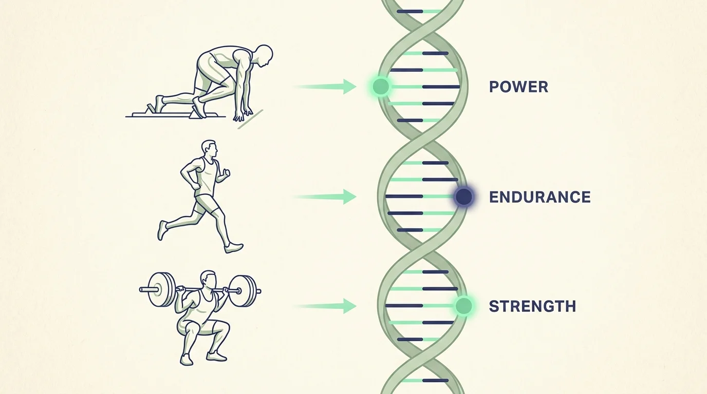 Editorial DNA-fitness illustration — helix and three athlete silhouettes labeled POWER, ENDURANCE, and STRENGTH