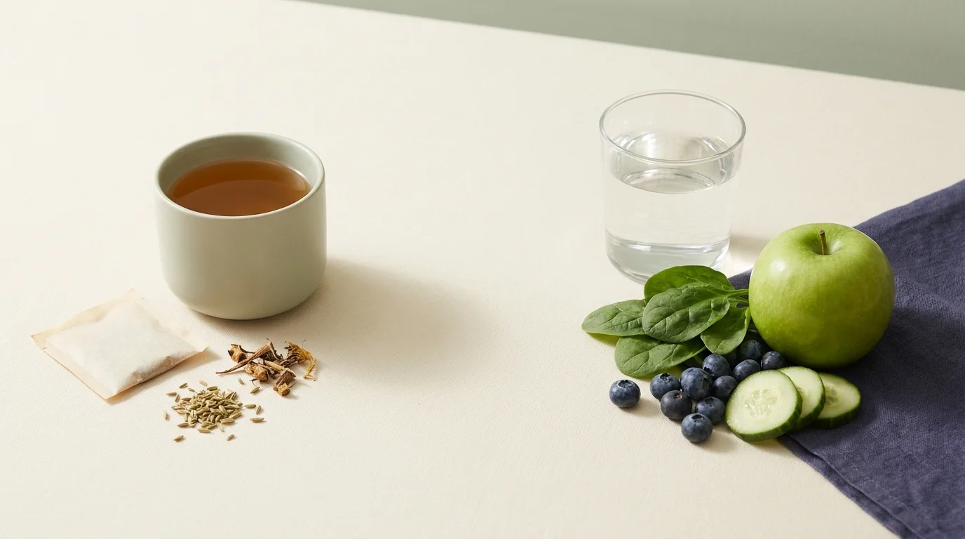 A cup of herbal detox tea set beside a glass of plain water and fresh whole foods, the marketed product next to what actually works