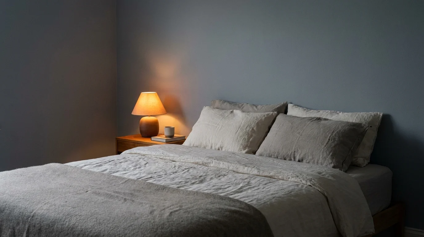 Serene dusky-blue bedroom in warm evening lamplight, a calming color palette set for wind-down