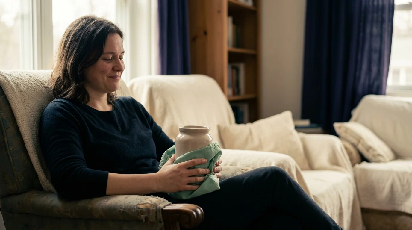 A person at home holding a new wellness product, quietly moved by the feeling emotional marketing is built to sell