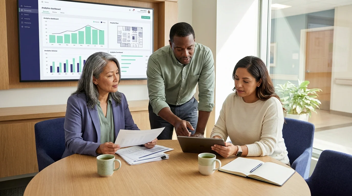 Three healthcare leaders reviewing burnout data around a round table in a modern hospital administrative meeting room