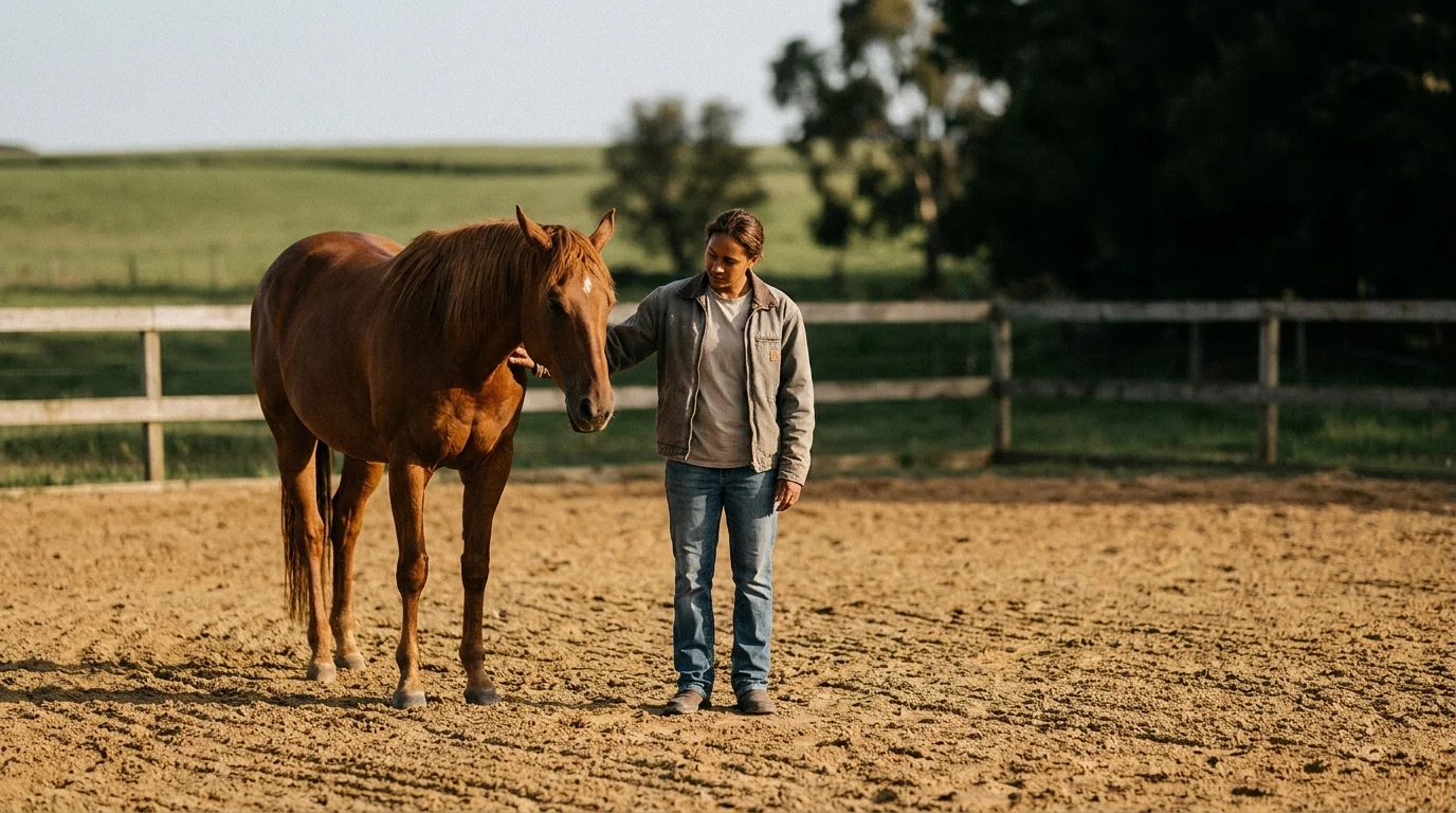 A handler stands at a chestnut horse's shoulder in a sunlit arena during a ground-based equine therapy session