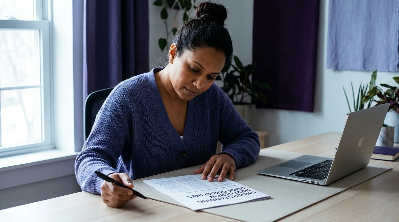 Woman at a sunlit desk comparing a printed article and a laptop to evaluate health information