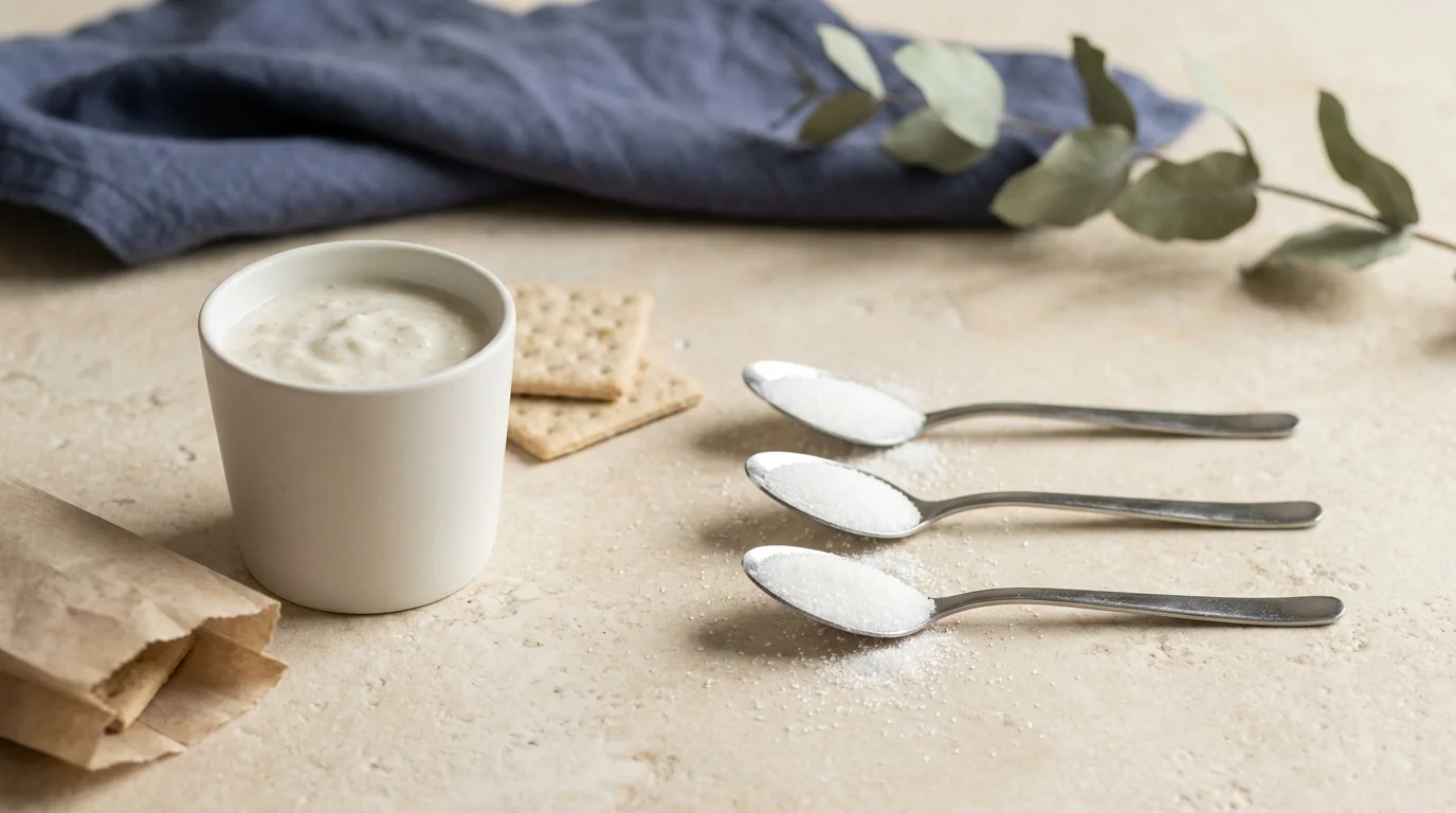 Plain-packaged fat-free foods beside neat spoonfuls of sugar on a light surface, showing what replaces the fat