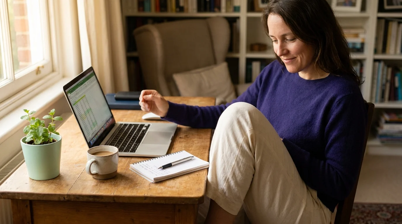 Person reviewing finances at a sunlit desk with laptop, notebook and coffee, calmly in control of their financial wellness