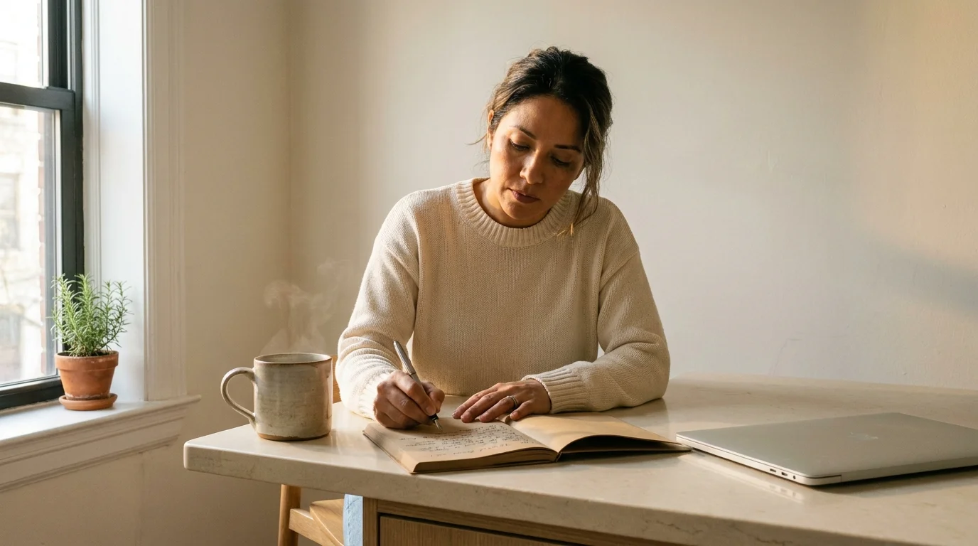 A founder writing in a paper journal at a kitchen island in soft morning light, coffee steaming and laptop closed