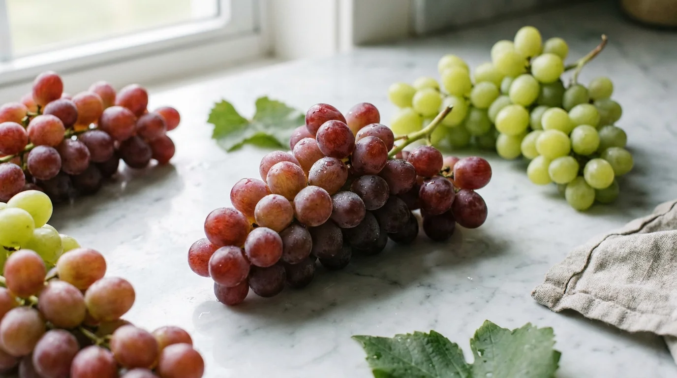 Fresh red and green grapes on a pale marble counter in soft daylight, the fruit behind this grapes nutrition breakdown