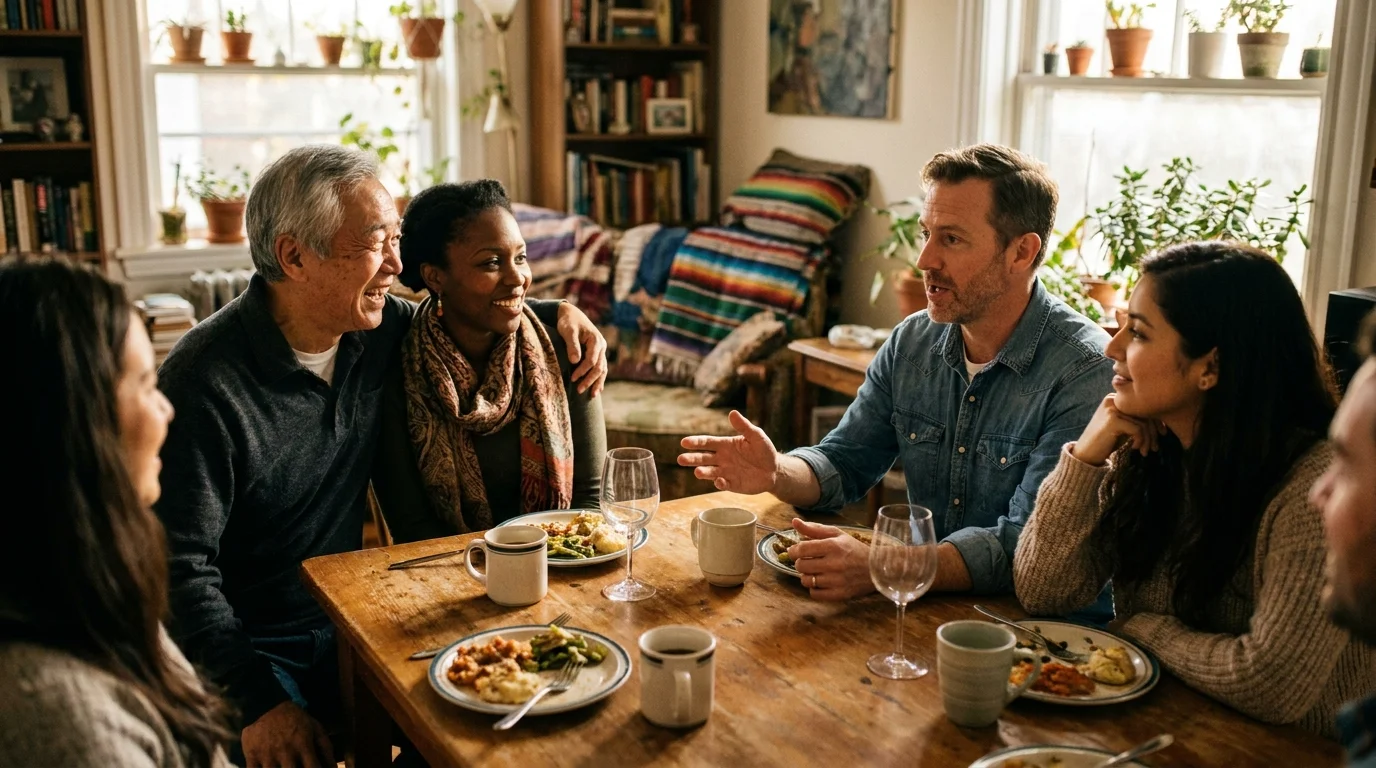 Diverse friends sharing a relaxed meal and laughter around a home table, the belonging of a supportive community