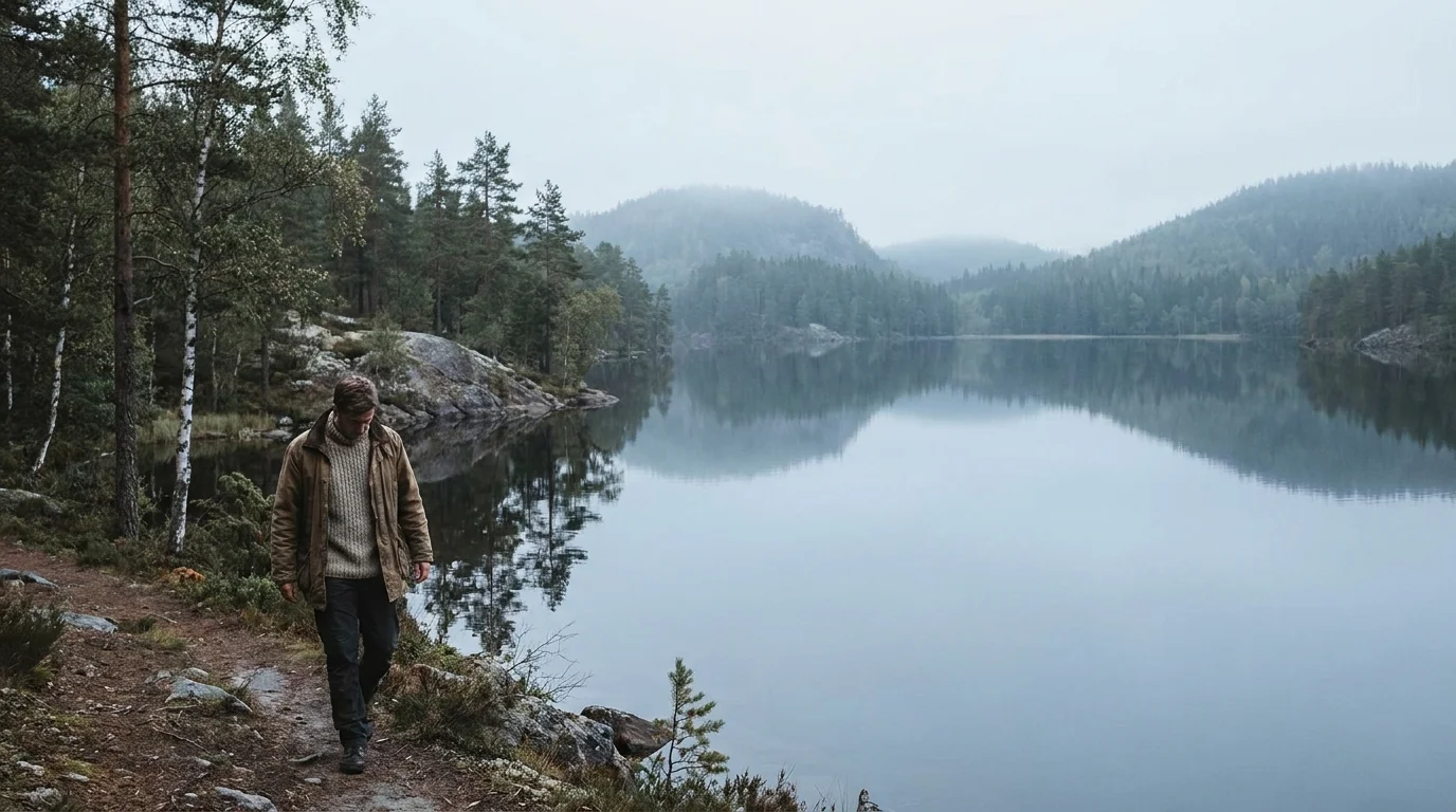 A person in everyday layers walks a quiet Nordic lakeside path in cool morning light, a daily friluftsliv habit