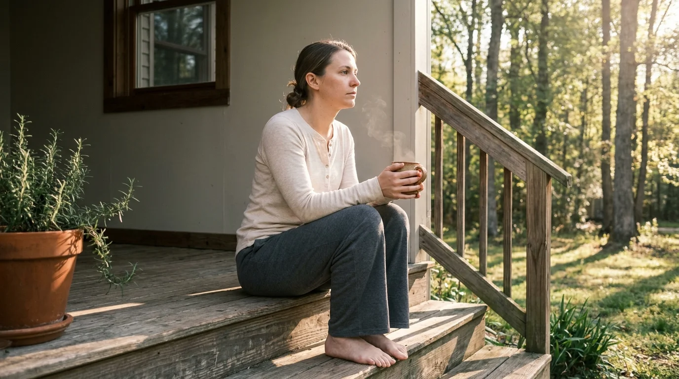 Woman seated on weathered porch steps in dappled morning light, holding a steaming earthenware mug at chest height