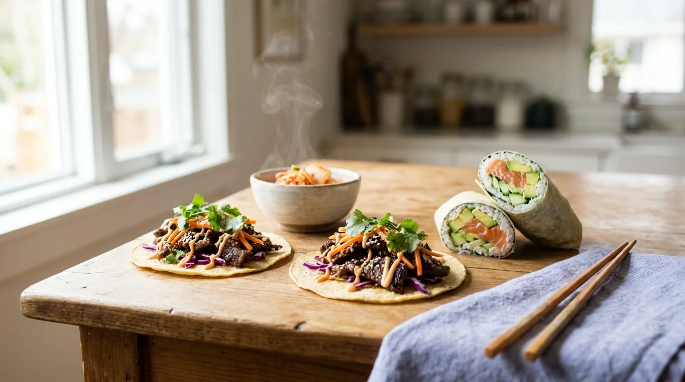 A fusion cuisine spread on a wood table with Korean-style tacos, a bowl of kimchi, and a halved sushi wrap in daylight