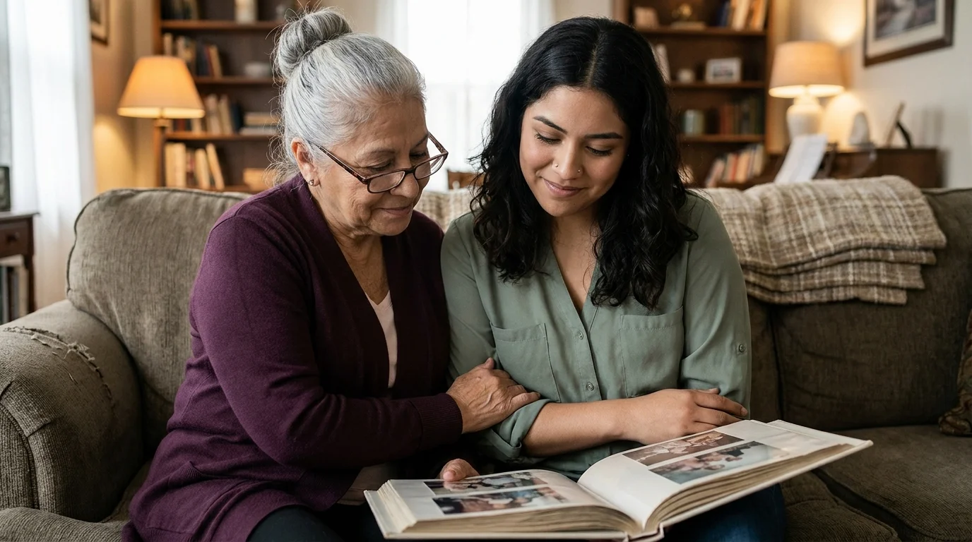 Latina grandmother and granddaughter looking at an old family photo album in warm light, ancestral healing