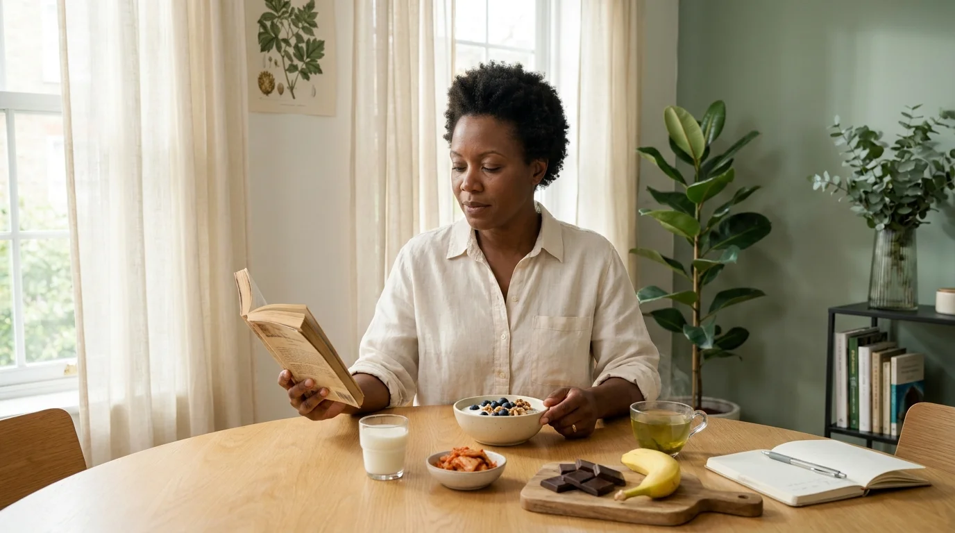 Person at a sunlit dining table with a gut-brain breakfast — yogurt, blueberries, walnuts, kimchi, kefir, dark chocolate