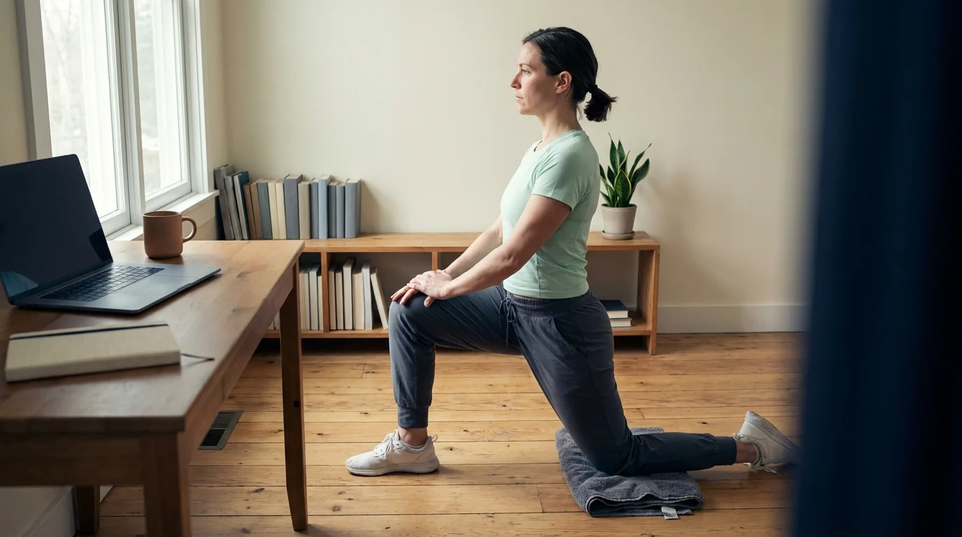 Woman in a half-kneeling hip flexor stretch on a folded towel beside her home-office desk, holding the position upright