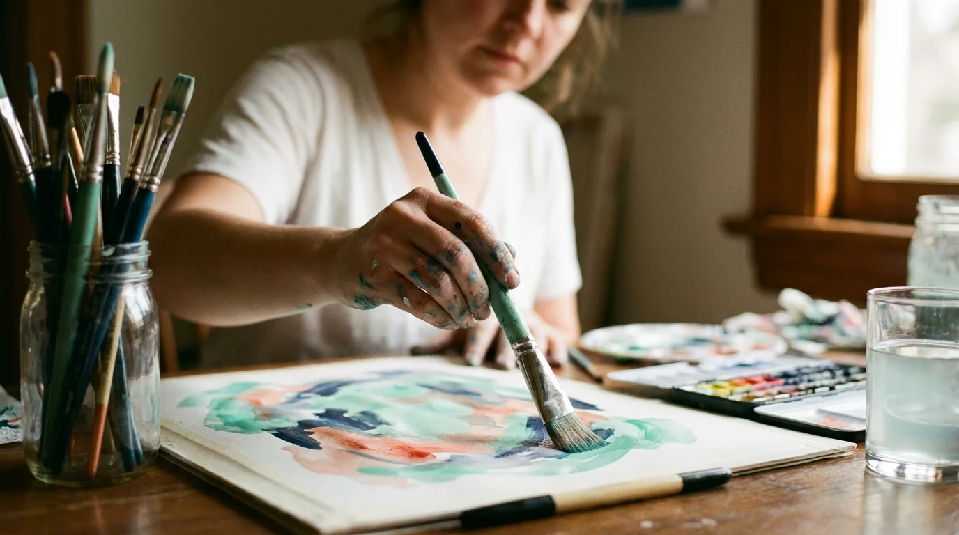Hands painting loose, colorful strokes at a sunlit studio table, absorbed in the creative process of art therapy