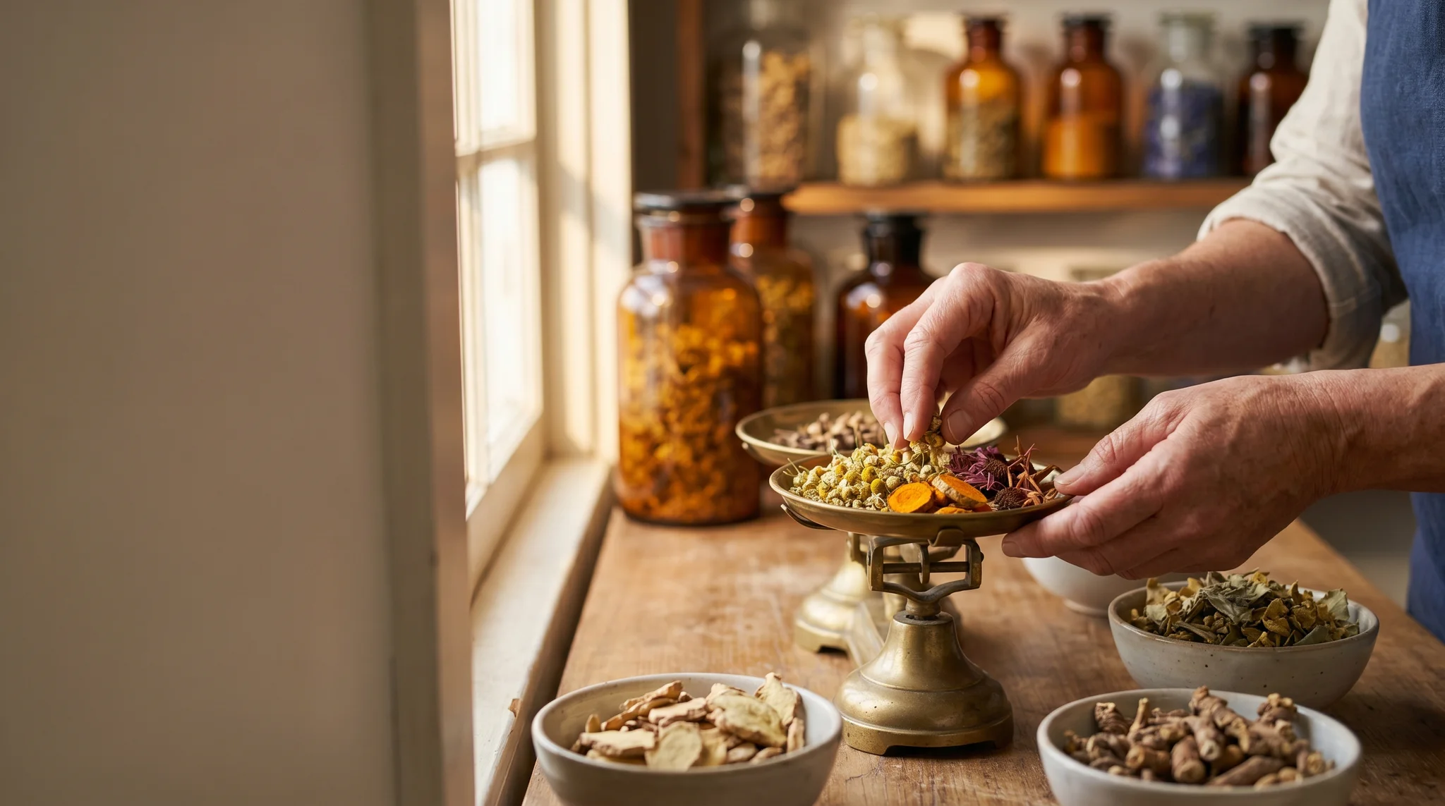 Herbalist's hands measuring dried healing herbs on a small brass balance scale at a warm wooden apothecary counter