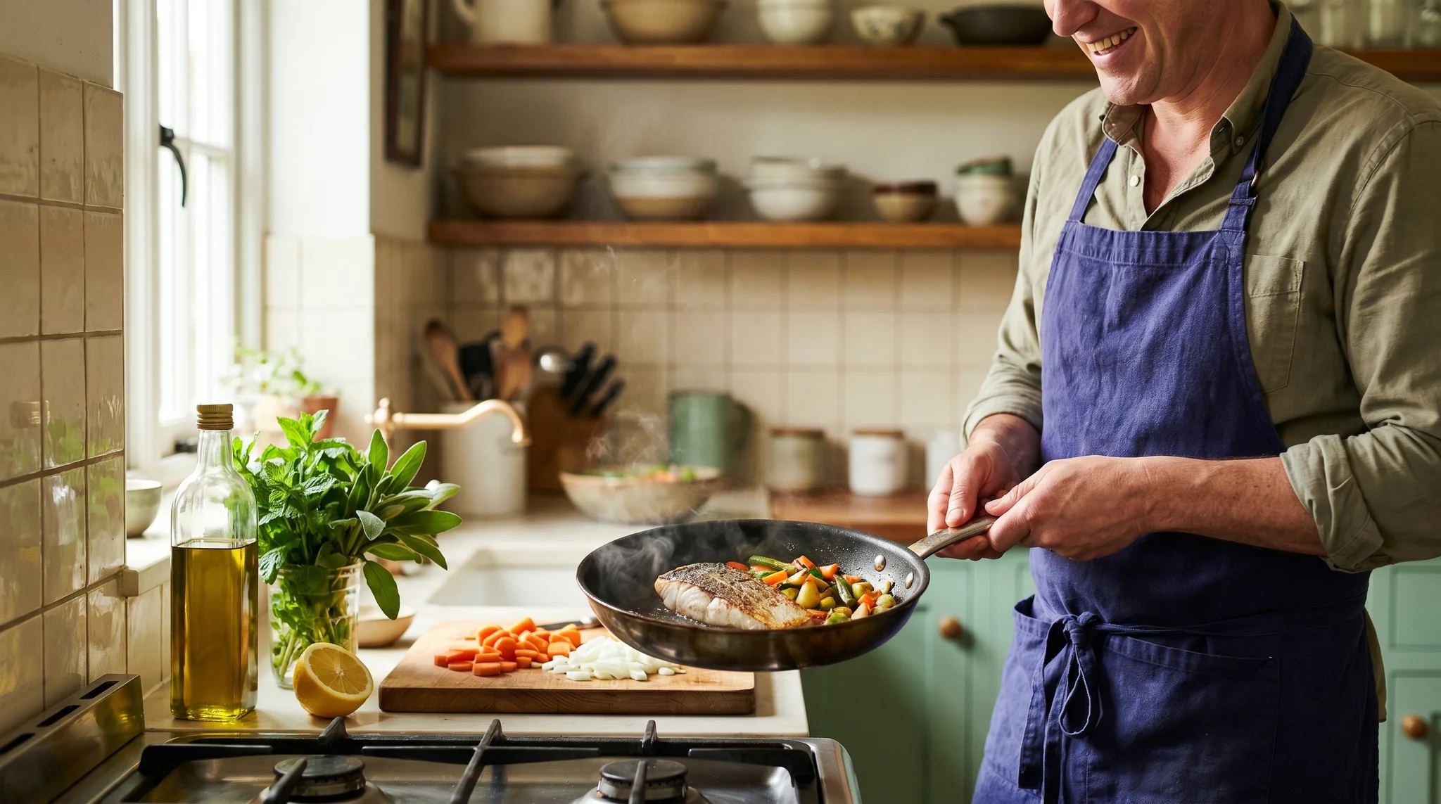Cook searing fish and vegetables in a pan with olive oil and fresh herbs nearby in a bright kitchen