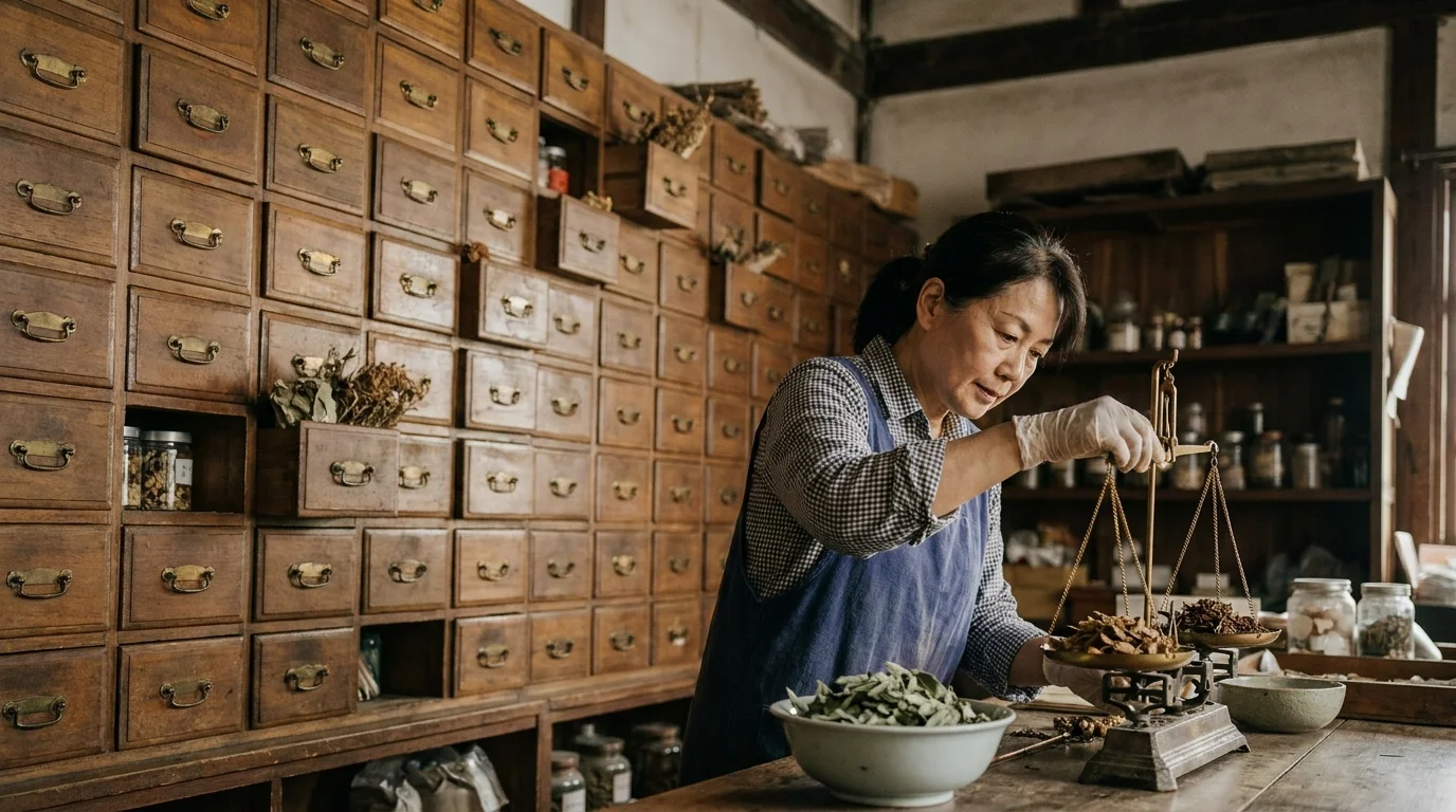 Pharmacist weighing dried herbs on a brass balance at a traditional healing pharmacy wall of small wooden medicine drawers