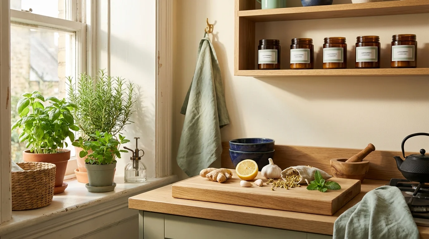 Herbal remedies for beginners — home kitchen with windowsill herb garden, jars of dried herbs, ginger and garlic on a wooden cutting board