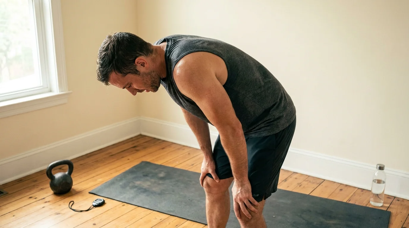 Man hinged at the hips with hands on knees, sweat dripping from his face, kettlebell and stopwatch on the mat behind him