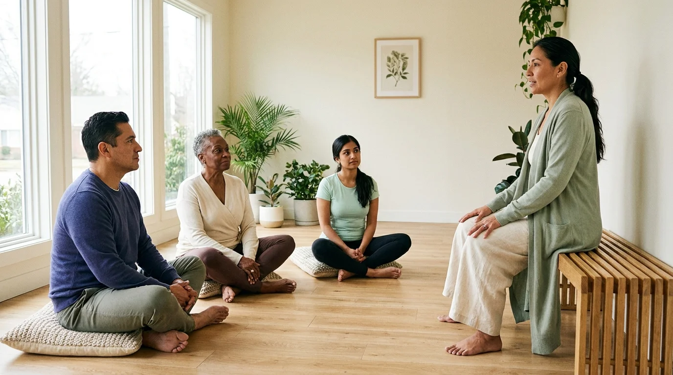 Holistic wellness coach leading a small group session in a bright sunlit studio with diverse clients on cushions