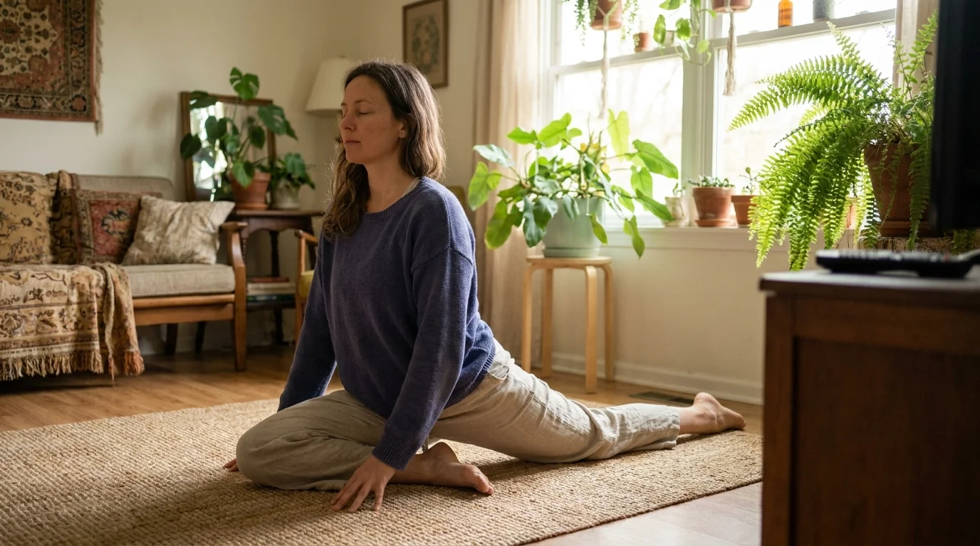 A person practicing everyday holistic wellness with a gentle morning stretch in a bright, plant-filled living room
