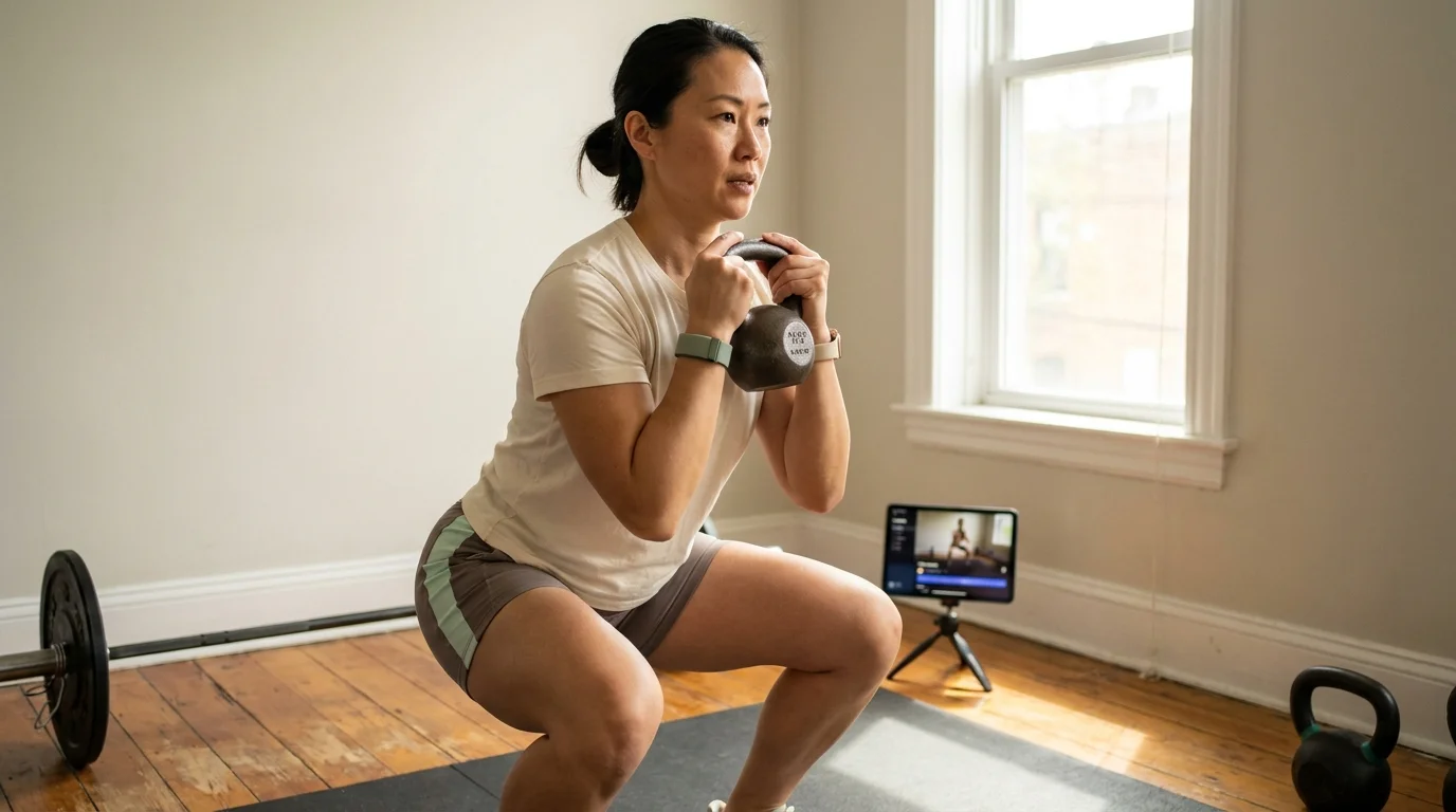 Woman mid-rep on a kettlebell goblet squat in a home gym with an AI personal trainer app running on a tripod tablet