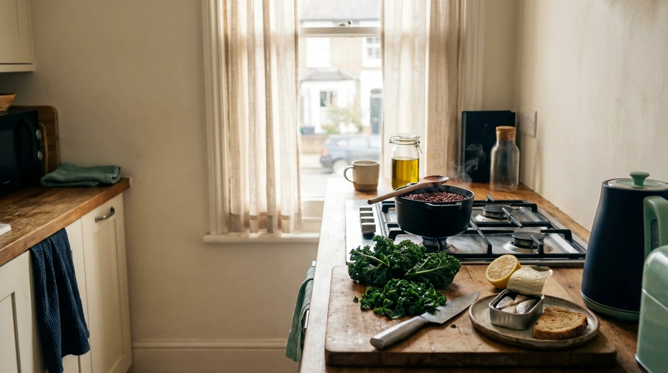Home kitchen mid-prep with a lentil pot simmering, an open sardine tin, chopped kale, and lemon at midday