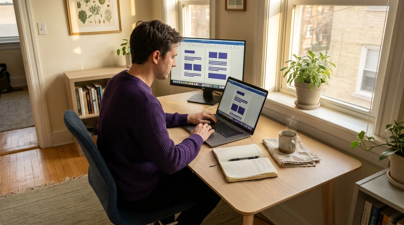 Hybrid worker in a designed home office working at a laptop in afternoon light for a workplace wellness program