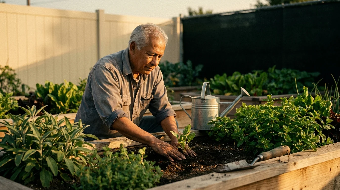 An older gardener kneels at a raised bed of sage and leafy greens in a horticultural therapy plot, warm afternoon light