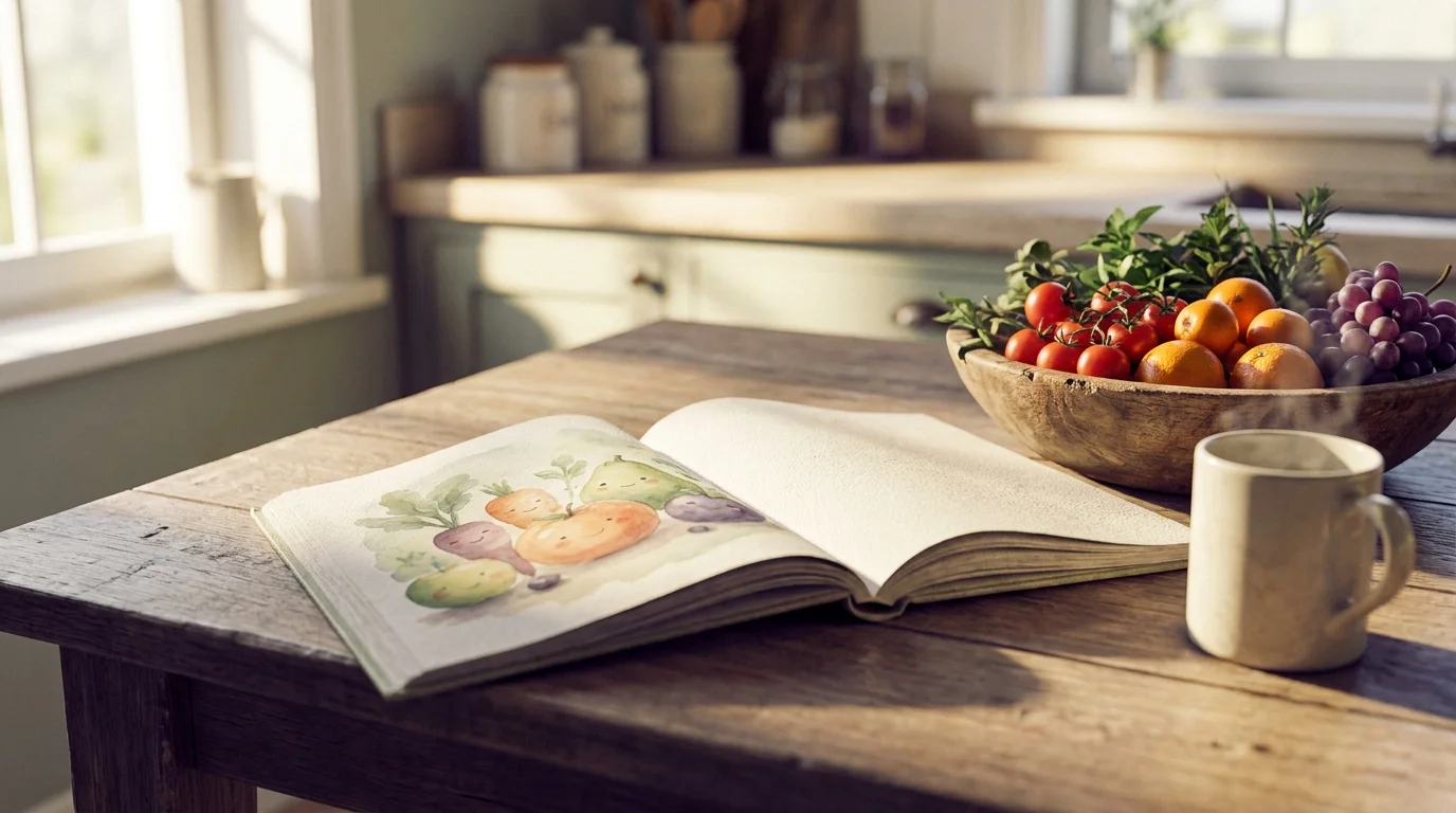 Open illustrated picture book beside a bowl of fresh produce on a sunlit kitchen table, a nutrition education still