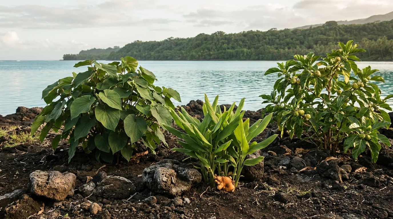 Pacific Island indigenous healing plants — kava, turmeric, and noni — growing on volcanic soil above a lagoon